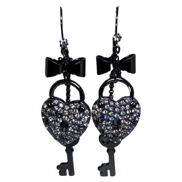 Betsey Johnson Black Crystal Heart Lock & Key Dangle Earrings 4" Valentine Love - Picture 1 of 11